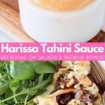 Harissa tahini sauce in white bowl with gold spoon and bowl of cauliflower and arugula