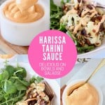 Harissa tahini sauce in white bowl with gold spoon and bowl of cauliflower and arugula