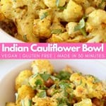 Roasted cauliflower in bowl topped with yellow curry sauce
