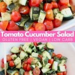 Image of diced tomato and cucumber salad in bowl with spoon, with text overlay