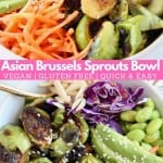 Image of cooked brussels sprouts in bowl with shredded carrots and avocado, with text overlay