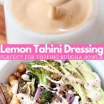 Collage of images with tahini sauce in bowl and roasted broccoli in bowls with text overlay