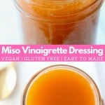 Image of miso vinaigrette dressing in mason jar with text overlay