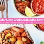 Image of roasted vegetables and chickpeas in bowls with text overlay
