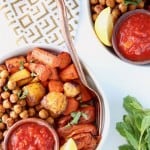 Image of roasted vegetables and chickpeas in bowls with text overlay