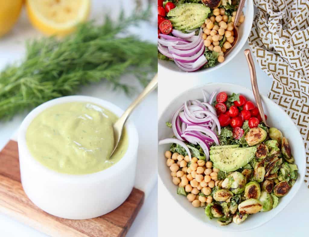 Collage of images featuring poblano ranch dressing in bowl and vegan cobb salad in bowl