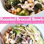Roasted broccoli in bowls with sliced avocado and chickpeas