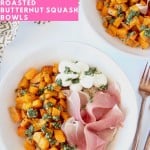 Image of roasted butternut squash topped with basil pesto in bowl with text overlay