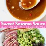 Collage of images with sesame sauce in bowl and sliced tuna sushi bowl with text overlay