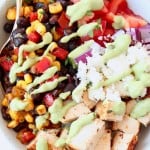 Image of bowl filled with diced chicken, corn salsa and diced tomatoes, with text overlay