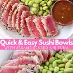 Image of sliced seared tuna in bowl with text overlay