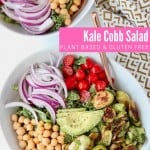 Cobb salad with seared brussels sprouts in bowl with copper forks