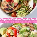 Sliced chicken in bowl topped with avocado tomato salsa