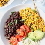 Overhead image of bowls with beans, corn, avocado, quinoa and tomatoes, with text overlay