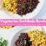 Overhead image of bowls with beans, corn, avocado, quinoa and tomatoes, with text overlay