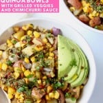 Image of grilled vegetables in bowl with sliced avocado and gold fork, with text overlay