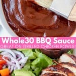 BBQ sauce in bowl with pastry brush next to grilled bbq chicken salad