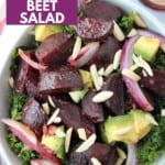 overheat image of roasted beet kale salad in bowl