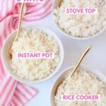 three bowls of rice next to pink and white towel