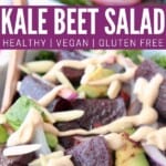 Roasted beet kale salad in bowl with fork