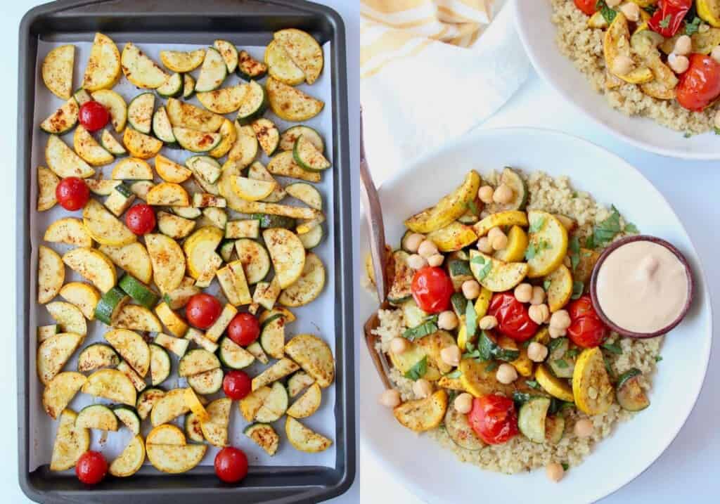 Image of diced squash and cherry tomatoes on baking sheet, next to roasted vegetables in bowl