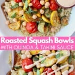 Roasted vegetables in bowl with quinoa and tahini sauce
