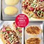collage of images showing how to make vegan burrito stuffed spaghetti squash