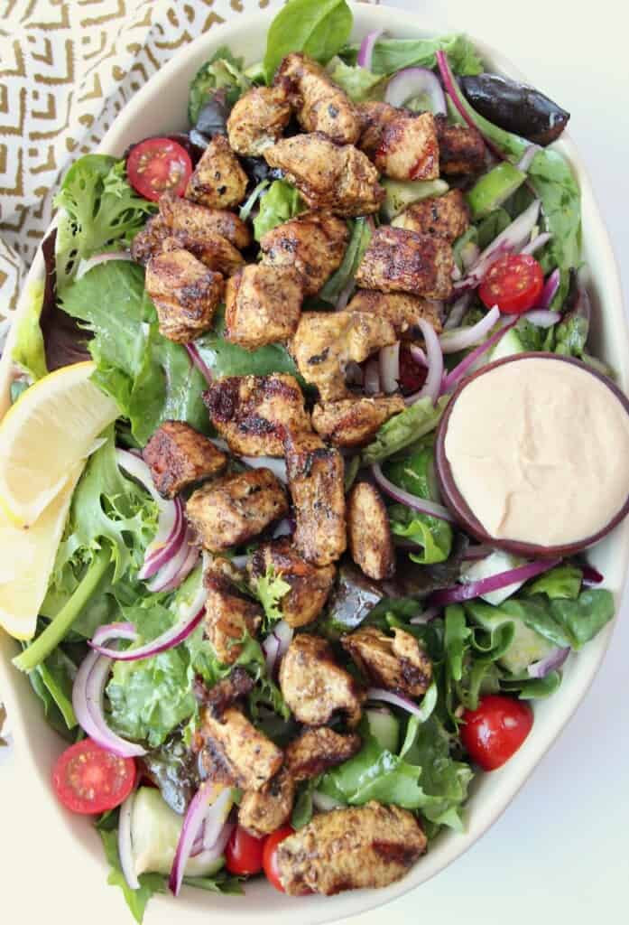 overhead image of chicken shawarma salad in large serving bowl