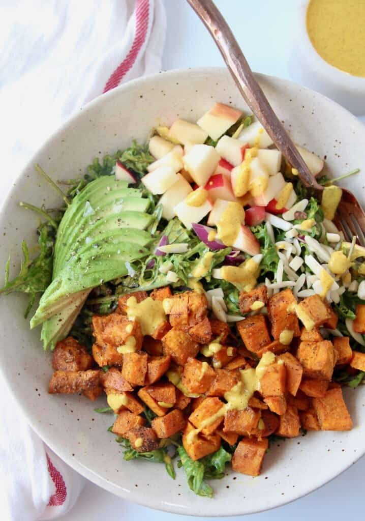 Roasted Sweet Potato Kale Salad with Almond Butter Dressing