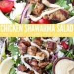chicken shawarma salad in bowl topped with garlic tahini sauce