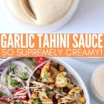 garlic tahini sauce in small bowl and drizzled over cauliflower in large bowl