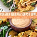 roasted delicata squash slices in bowl with greens and quinoa