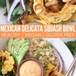 roasted delicata squash slices in bowl with greens, quinoa and chipotle sauce