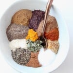 overhead image of spices in bowl with spoon
