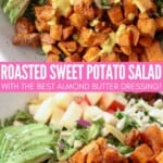 roasted diced sweet potatoes in salad bowl with sliced avocado and diced apples