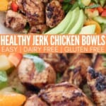 grilled jerk chicken in bowl with oranges, pineapples and avocado