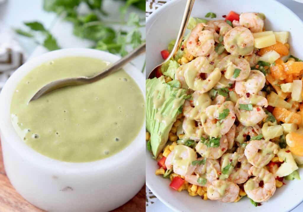 collage of images showing honey lime dressing in bowl and drizzled over shrimp salad