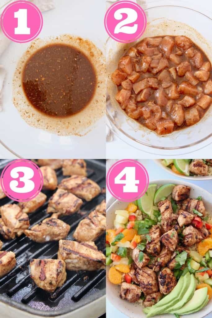 collage of images showing how to marinate and grill jerk chicken