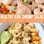 cooked shrimp in bowl with avocado, oranges and pineapple