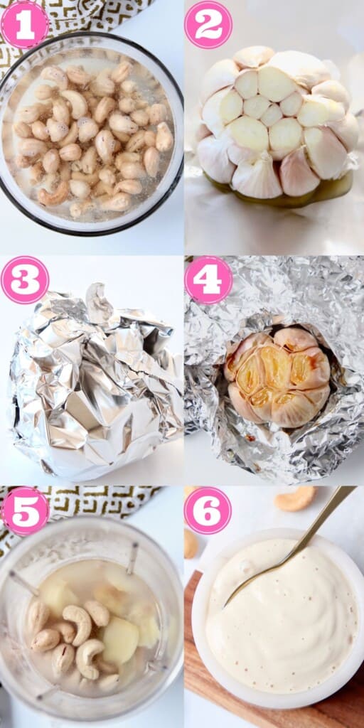 collage of images showing how to make roasted garlic cashew cream sauce