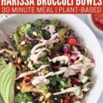 roasted broccoli in bowl with fresh vegetables and tahini sauce drizzled on top