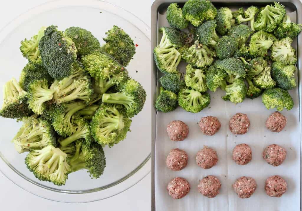 broccoli in bowl and on baking sheet with vegan meatballs