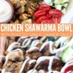 chicken shawarma in bowl drizzled with creamy garlic sauce