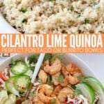 collage of images showing cooked quinoa in bowl and grilled shrimp in bowl with vegetables