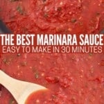 marinara sauce in skillet with wooden spoon