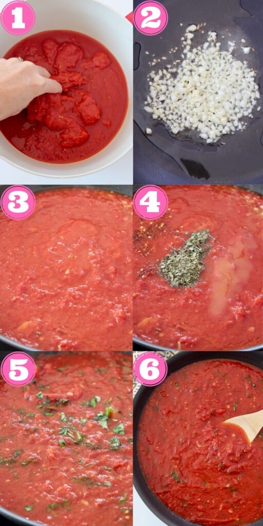 collage of images showing how to make marinara sauce