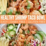 grilled shrimp in bowl with greens