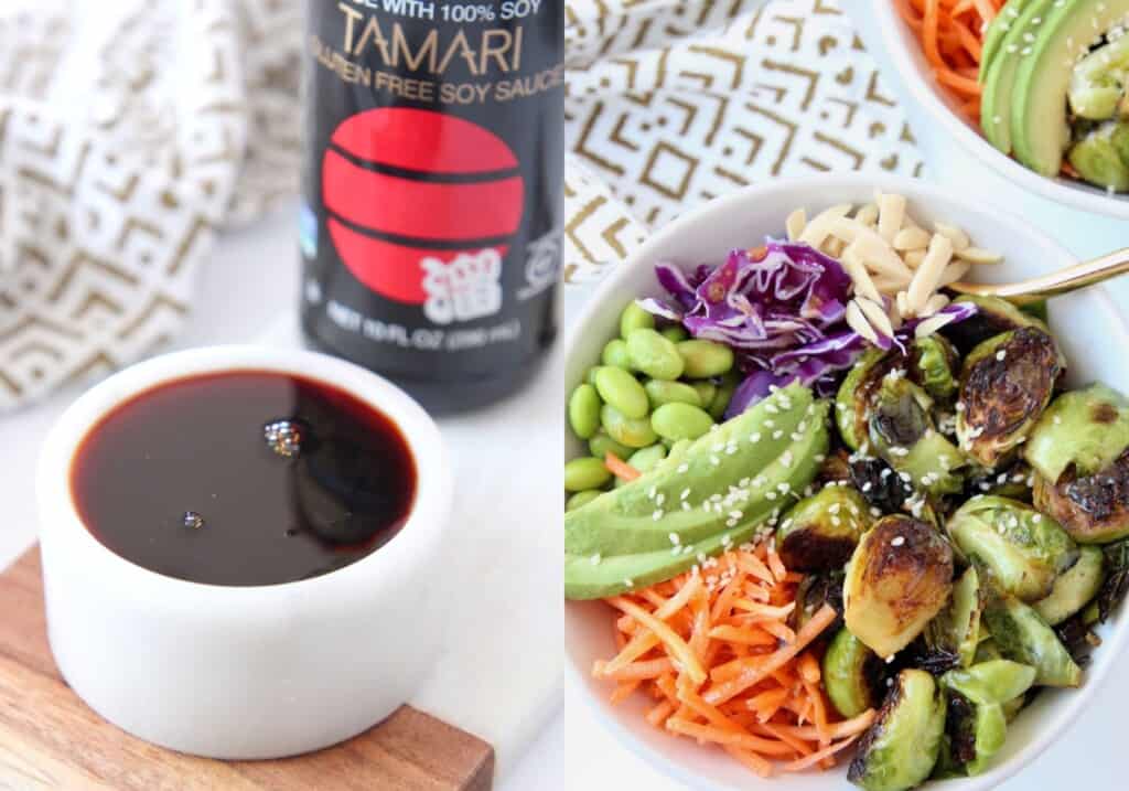 tamari in small white bowl and asian brussels sprout bowl with shredded carrots and sliced avocado