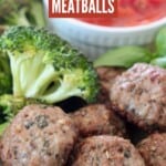 vegan meatballs in bowl with broccoli florets