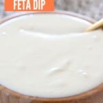 creamy feta dip in wood bowl